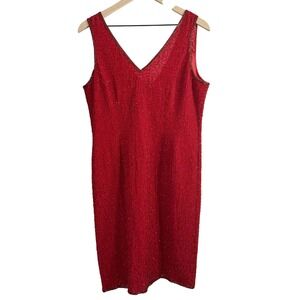 J Kara Sleeveless Sequin All Over V Neck Evening Midi Dress Red‎ Large Classic